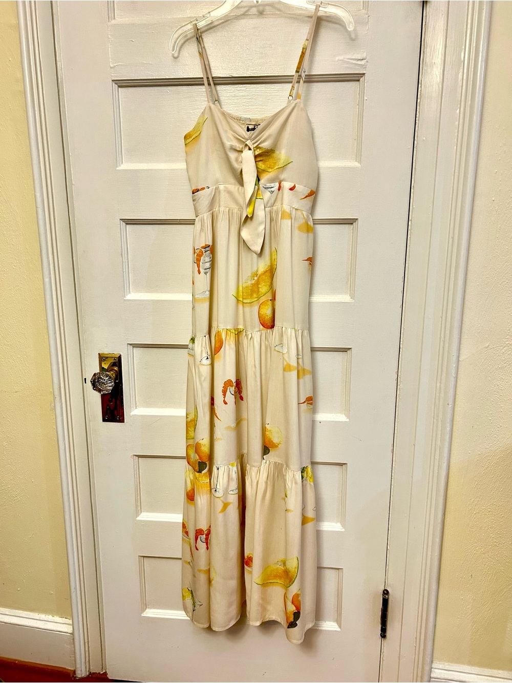 Jaase Cream Maxi Dress with Yellow & Orange Fruit , shrimp, and martini pattern